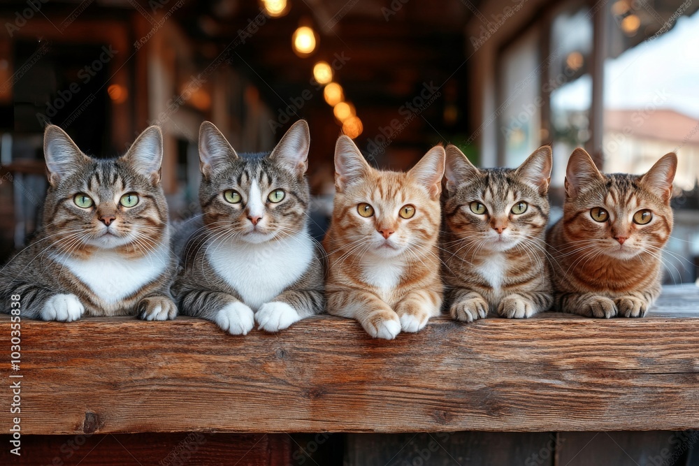 Poster group of five cats sitting in a rustic wooden setting each with a unique fur pattern creating a play