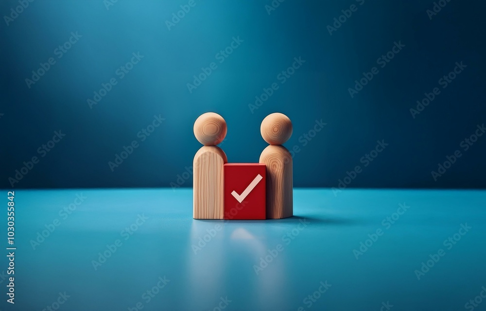 Poster two wooden figures stand side by side in front of a red block with a white checkmark.