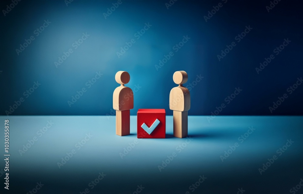 Aufkleber two wooden figures stand on either side of a red block with a blue checkmark.