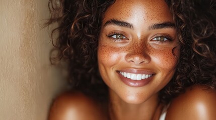 Close-up of a radiant woman, her curly hair and freckles complement her joyful expression, capturing a natural and charming moment of happiness and grace.
