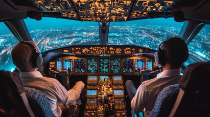 Fototapeta premium This illustration presents a highly detailed cockpit view of a B737 flight simulator, capturing the essence of a realistic training environment.