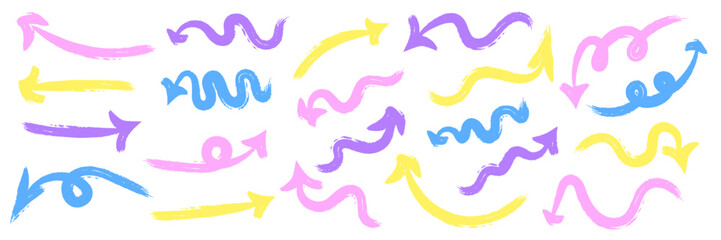 Bright arrows, hand-drawn pointers in chalk. Vector arrow waves.