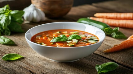 Fresh Vegetable Soup in White Bowl on Rustic Table
