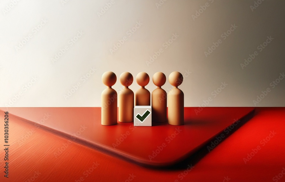 Poster five wooden figurines stand in a row on a red surface. a white block with a green checkmark rests in