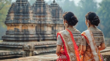 Fototapeta premium Women in traditional attire, standing beside a historical monument, reflecting their cultural heritage and pride