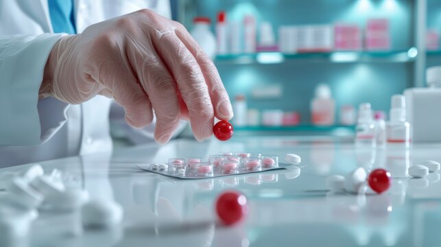 A pharmacist wearing a lab coat, checking a prescription against the medicine they are dispensing, making sure everything matches the doctors orders.