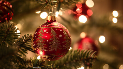 Red Christmas Ornament with Gold Glitter and Trees