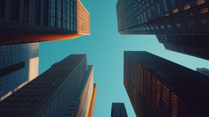 Fototapeta premium Looking up at high-rise towers in a bustling business center, their sharp lines emphasized by the clear blue sky