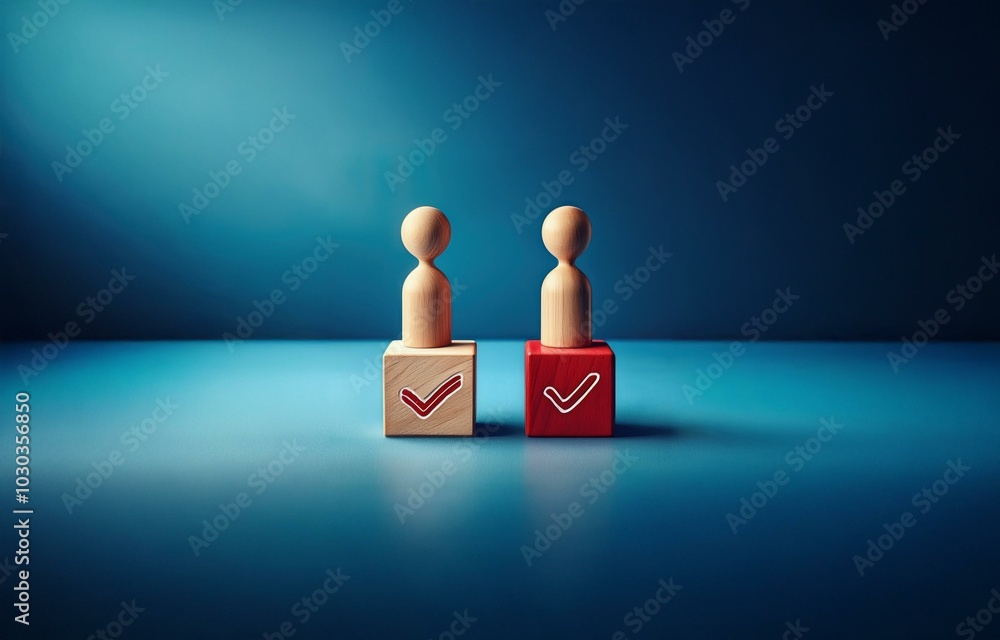 Aufkleber two wooden figures stand on blocks with check marks. one block is red and one is natural wood.