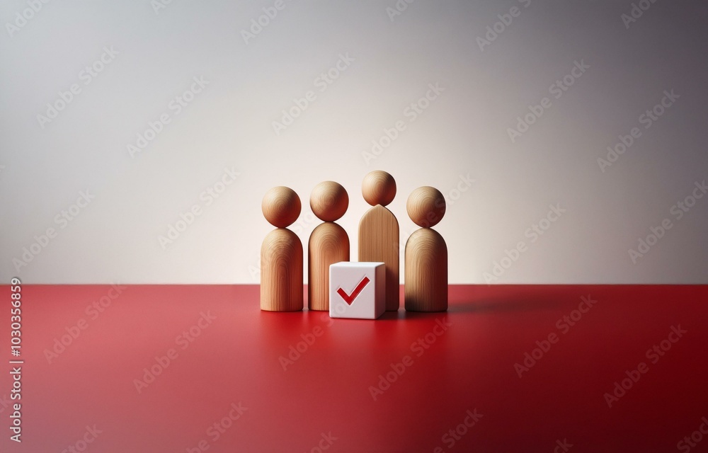 Poster four wooden figures stand in a row on a red surface. one figure is in front of a white cube with a r