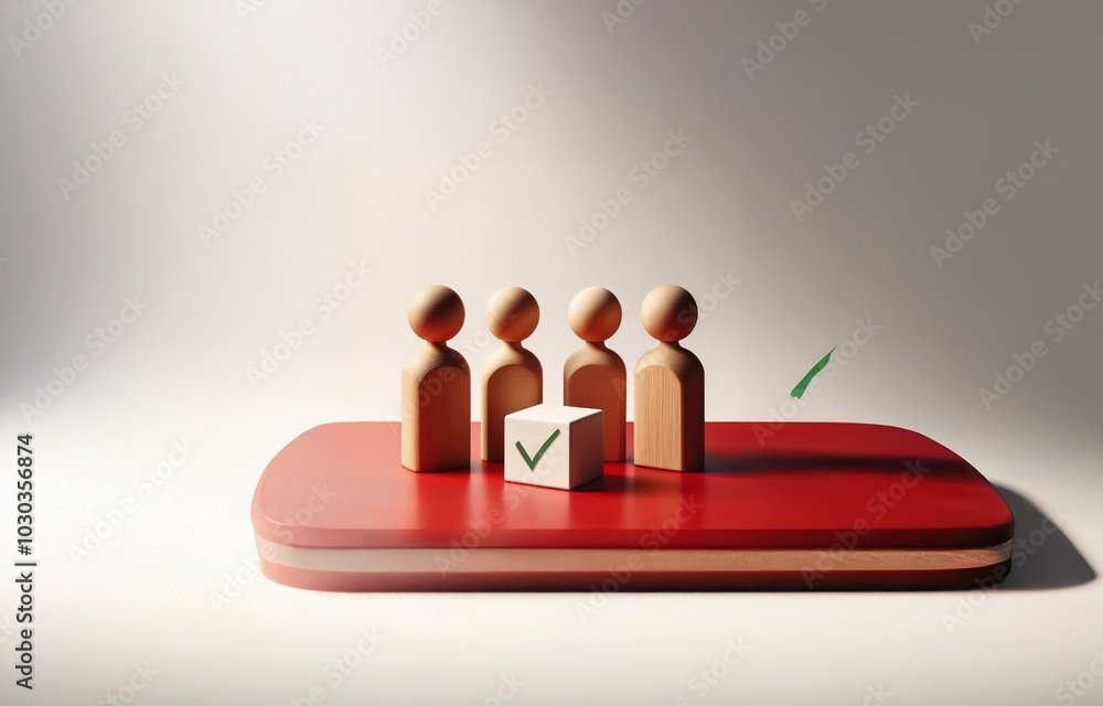 Aufkleber four wooden figures stand on a red platform with a white cube in front of them.