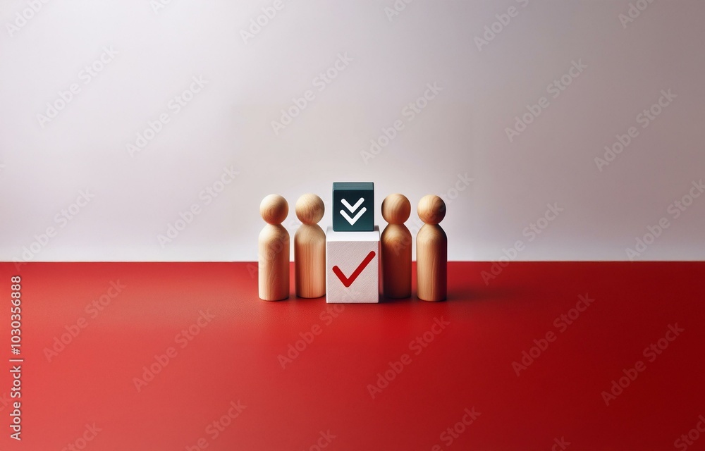 Poster wooden figures stand in front of a white and green block with a check mark and a white block with a 