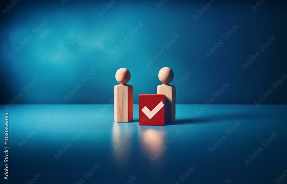Poster two wooden figures stand on a blue surface in front of a red block with a white checkmark.