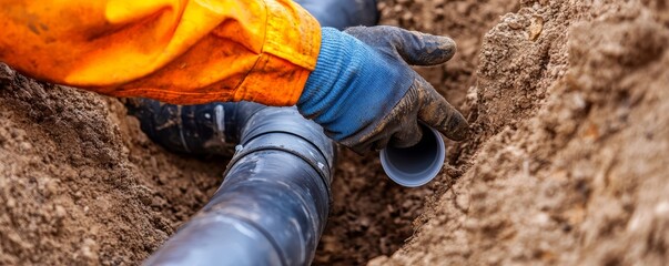 A plumber working on outdoor piping, replacing old corroded pipes with new PVC ones, ensuring the new installation is properly sealed and secure.