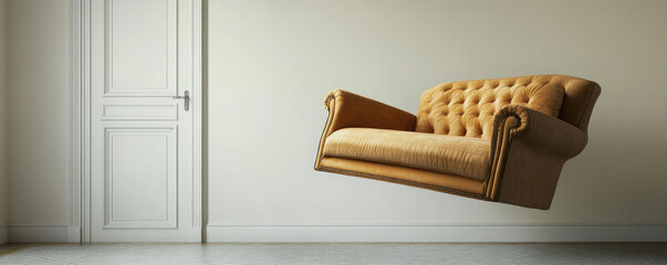 Classic sofa levitating in minimalist room interior design