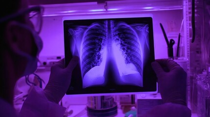 Doctor carefully examines X-ray film of patient's lungs, identifying COVID-19 complications, with medical instruments and charts in the background.