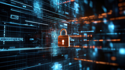 digital lock symbolizing cybersecurity and data protection stands out against backdrop of flowing data streams. This conveys sense of security in digital realm