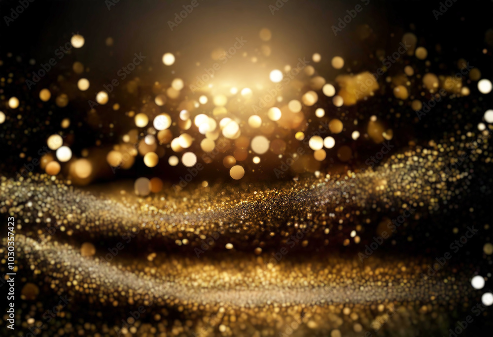 Poster A dark background with a wave of golden glitter and sparkling bokeh lights.
