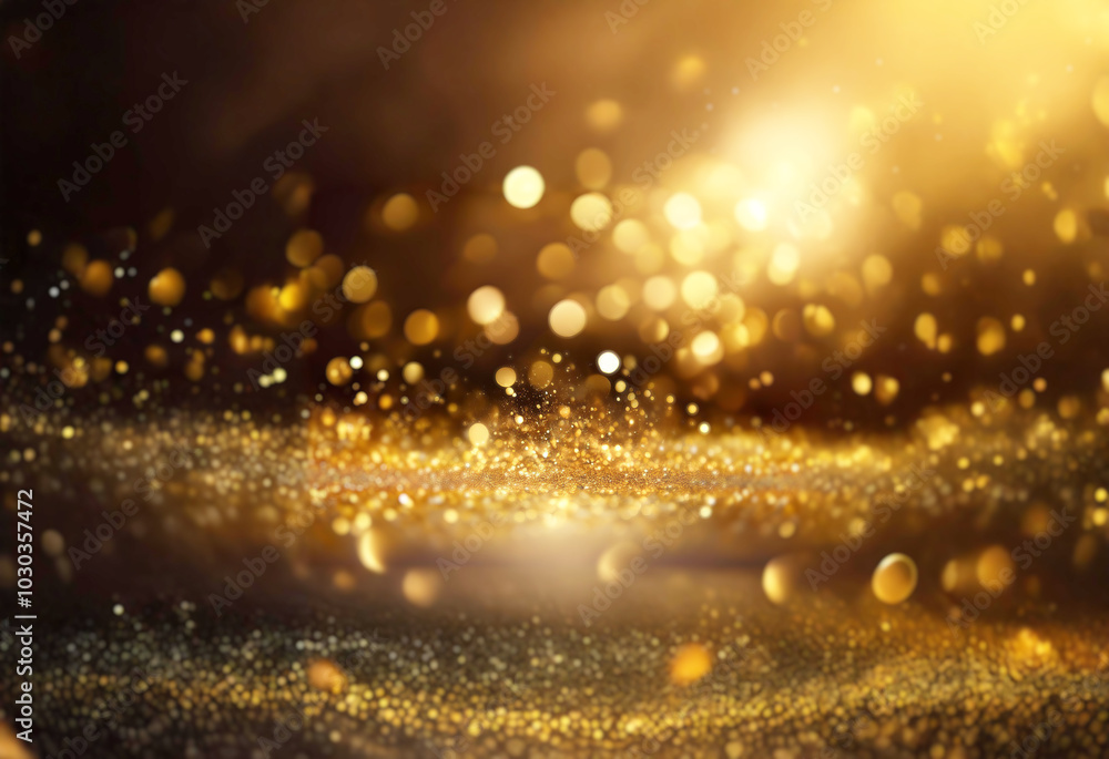Poster A dark background with a layer of golden glitter, illuminated with defocused lights.