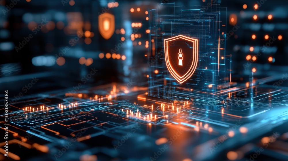 Poster conceptual image of data breach protection featuring digital shield symbolizing security and privacy