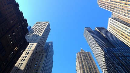 Fototapeta premium Skyscrapers rise into the clear blue sky, captured from below to highlight the geometry and scale of the financial district
