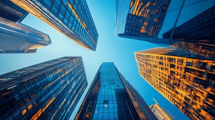Skyscrapers rise into the clear blue sky, captured from below to highlight the geometry and scale of the financial district