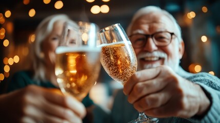 An elderly couple joyfully toasts with sparkling champagne glasses. The background is warmly lit, reflecting a sense of celebration, happiness, and companionship.