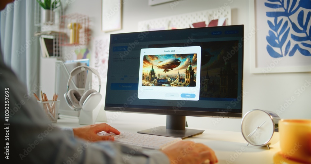 Poster young man types text prompt in artificial intelligence app on computer. ai image generator creates d
