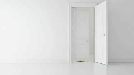 Open door in minimalist white room with white background room. The image of soft color gradation adds simplicity and beauty to the modern home.