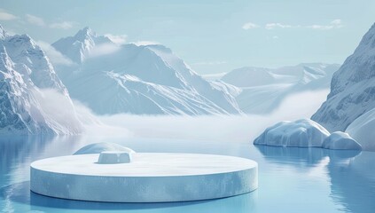 Abstract background with ice podium on snow for product presentation in front of blue mountains landscape. Empty stage display mockup for cosmetic, beauty and natural products.