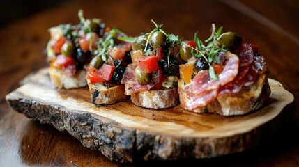 Close-Up of Stunning Italian Cicchetti on Wooden Board