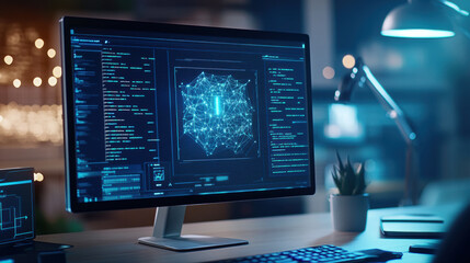 Fototapeta premium conceptual image of computer displaying network visualization, symbolizing privacy and data security. modern workspace features sleek monitor, coding interface, and plant, creating tech savvy