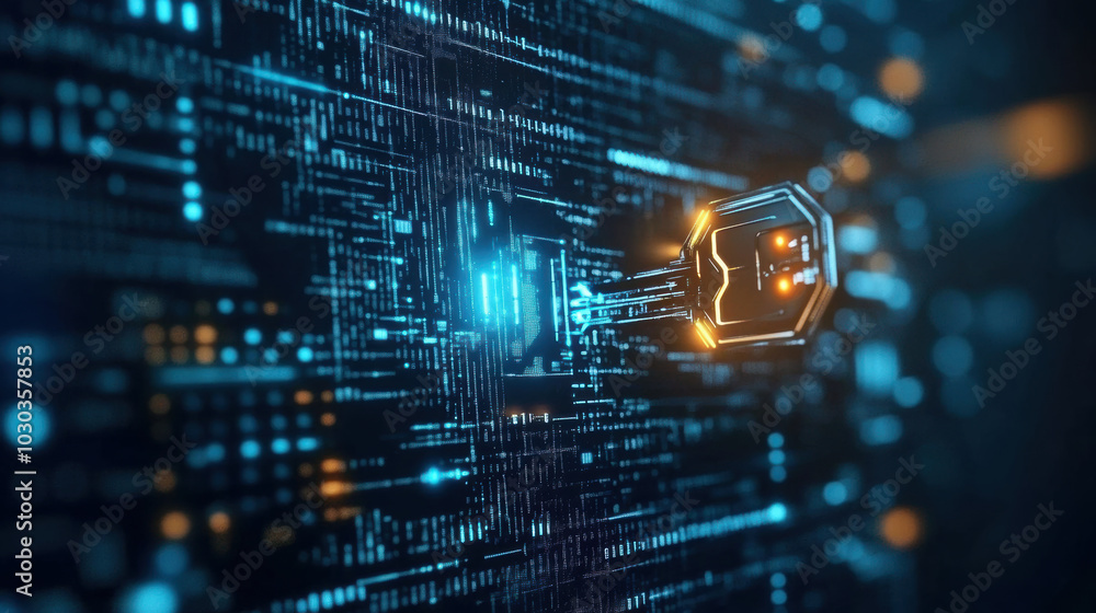 Poster detailed glowing data key is being inserted into digital network, symbolizing advanced technology an