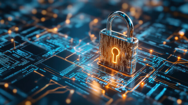 glowing digital padlock symbolizes cybersecurity and data protection in high tech environment. intricate circuit patterns and vibrant colors evoke sense of security and innovation