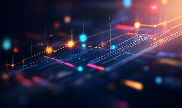 Futuristic financial dashboards and luxury business charts with glowing neon lines, gold accents, and connected nodes for corporate branding.