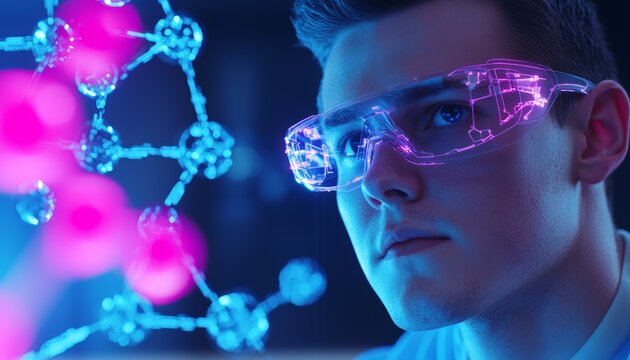 A professional chemist using a digital interface to analyze atomic bonds, surrounded by blue molecular diagrams and glowing atoms on a monogram background.