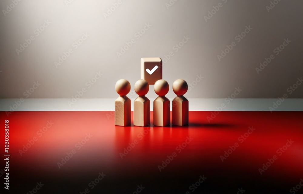 Poster five wooden figures stand on a red surface with a white checkmark cutout in a single wooden block ab