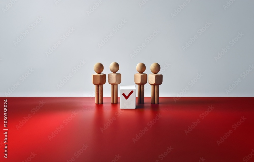 Poster four wooden figures stand in a row on a red surface, with a white cube with a red checkmark in the c