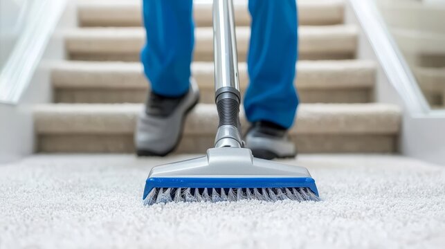 A professional cleaner vacuuming the stairs in a two-story house, ensuring the carpet is clean and free of dust, with neatly arranged furniture visible in the background.