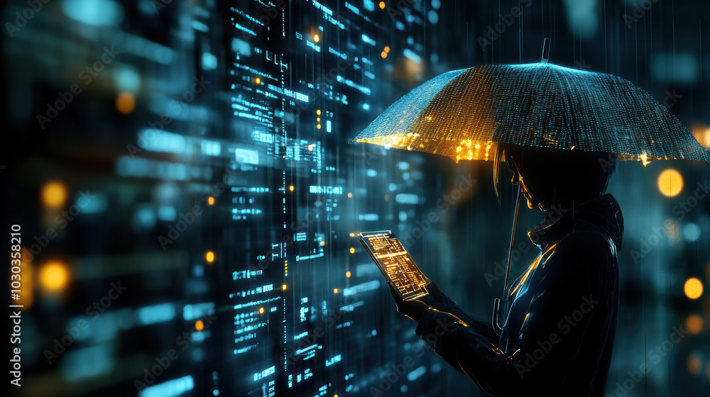 Poster digital silhouette holding up glowing umbrella stands against backdrop of illuminated data streams, 