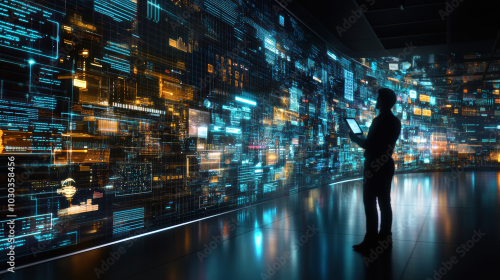 Poster person stands in futuristic environment, interacting with vibrant display of data streams and digita