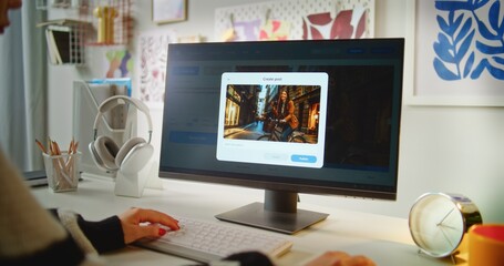 Teen girl enters text prompt in artificial intelligence software on computer. AI image generator creates detailed photo of woman in European city. Advanced AI generated image creation. Generative art.