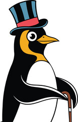 Vector Cartoon Penguin Illustration - Penguin Character Wearing Cap and Holding Walking Stick for Fun and Playful Designs.