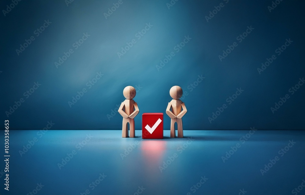 Poster two wooden figures stand opposite each other on a blue surface with a red block featuring a white ch