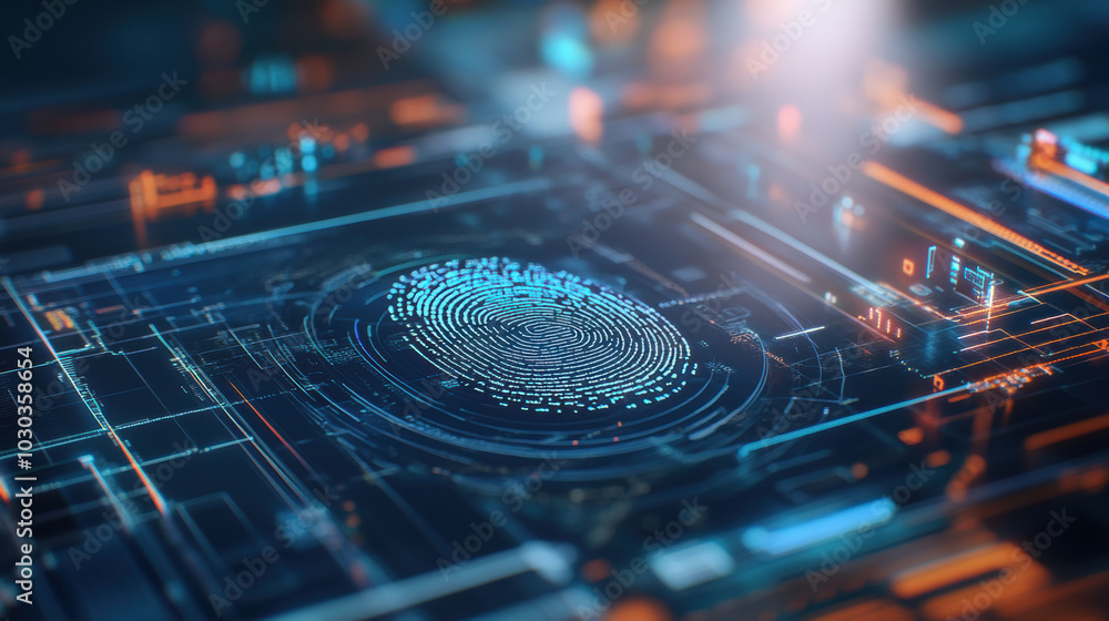 Poster futuristic digital fingerprint scanning technology on circuit board, showcasing intricate patterns a
