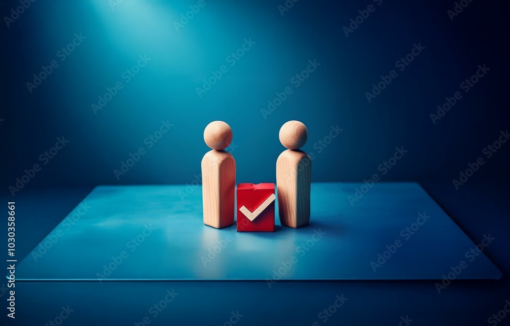 Aufkleber two wooden figures stand facing each other, a red cube with a checkmark in the middle is between the