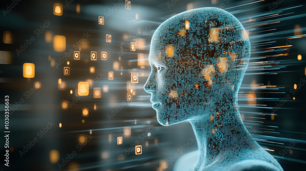 Poster futuristic human figure made of pixels, representing advanced technology and digital transformation.