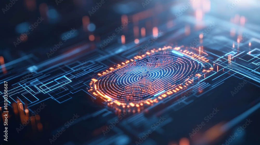 Poster futuristic digital fingerprint being scanned, showcasing intricate patterns and glowing circuits. th