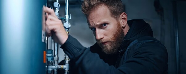 A professional plumber installing a new water heater, connecting the pipes and adjusting the valves while ensuring the system runs efficiently.