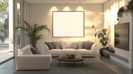 A beautifully designed modern living room showcases a blank poster on the wall, providing an ideal canvas for personalized decoration.